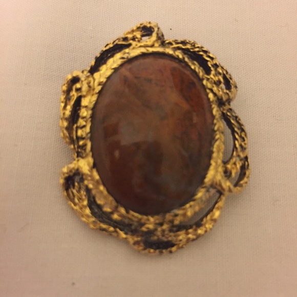 ❌SOLD❌ RARE Vintage Gold Plated Oval Jasper Brooch - Picture 3 of 8